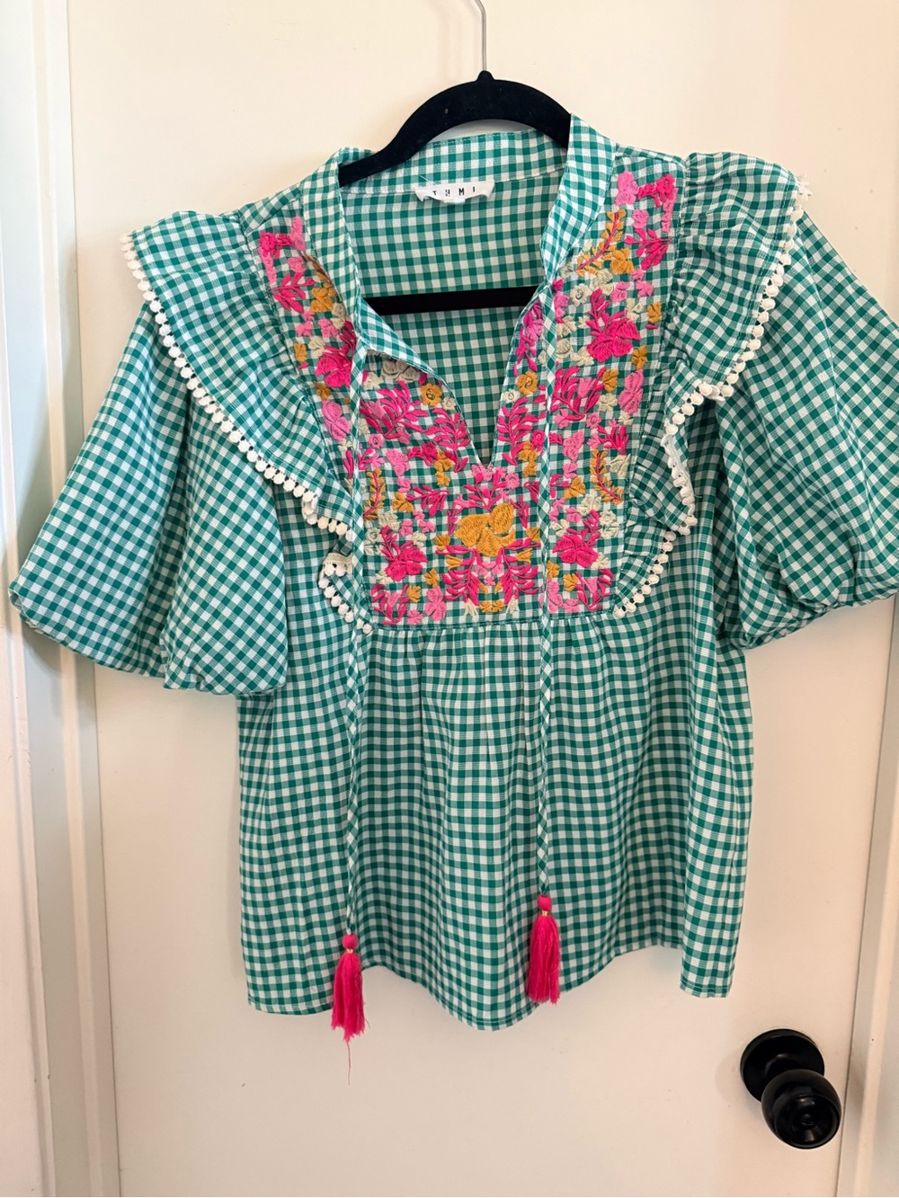 THML Green Gingham Embroidered Peasant Blouse with Pink Tassels